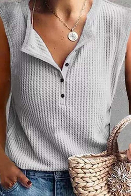 waffle button up sleeveless top