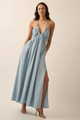 Plunging Halter-Neck Solid Denim Maxi Dress