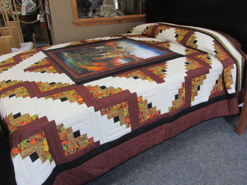 Log Cabin with Deer Panel Quilt - 97" x 106"