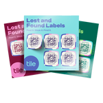 Three stacked sheets of Tile’s Lost and Found Labels