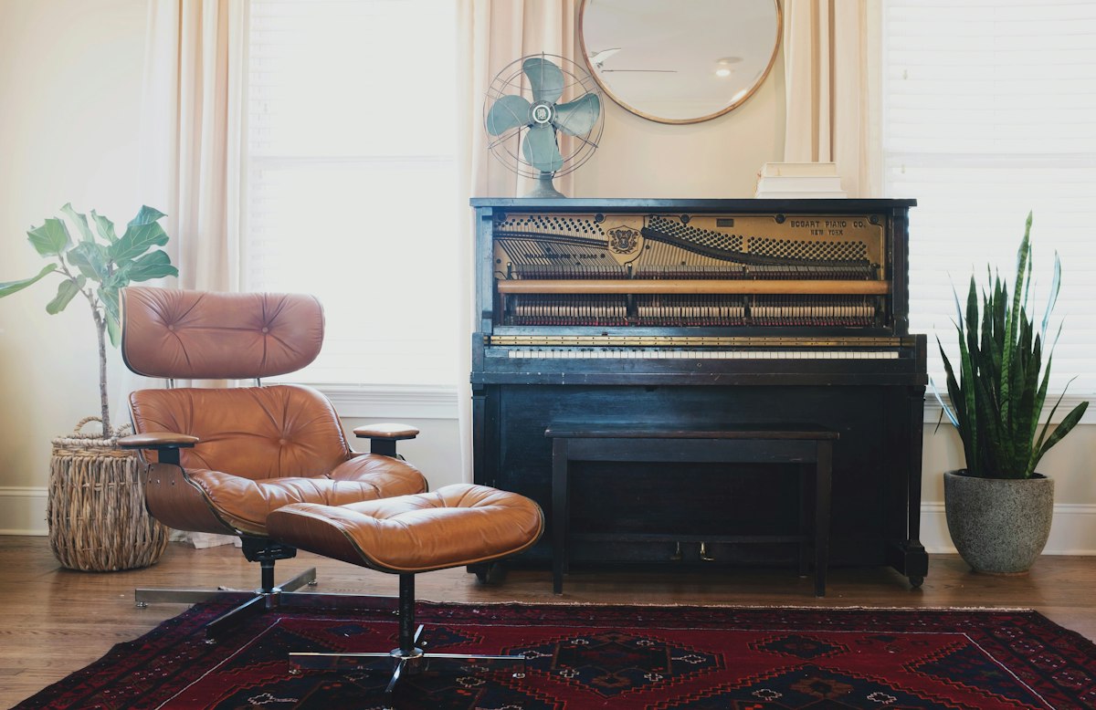 Upright piano in a living room