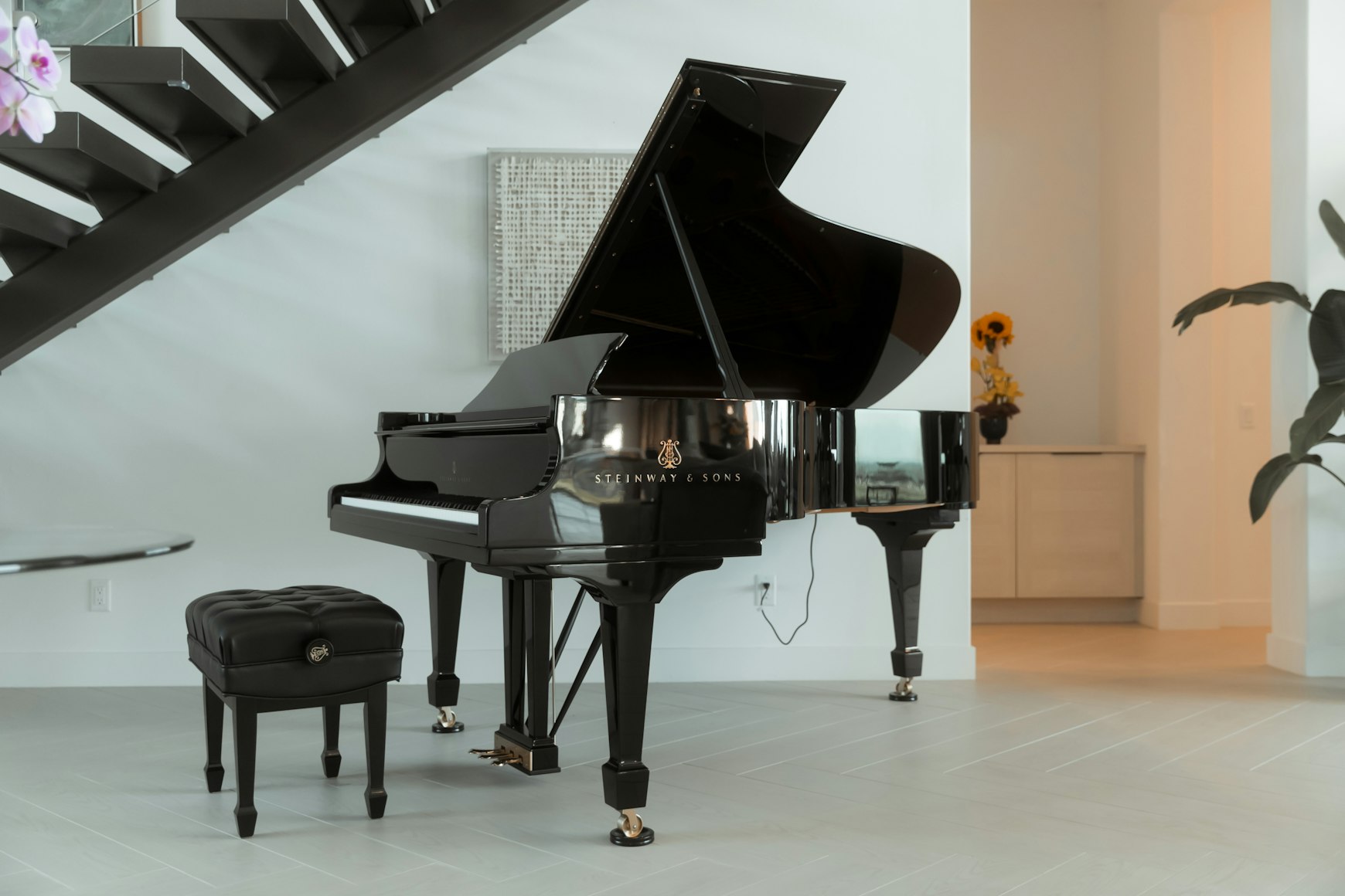 Steinway grand piano in a thoughtfully furnished interior