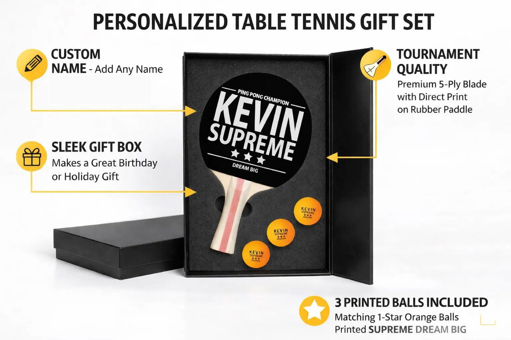 DREAM BIG Personalized Ping Pong Paddle Gift Set, Custom Table Tennis Racket with Name, Paddle & Balls Box