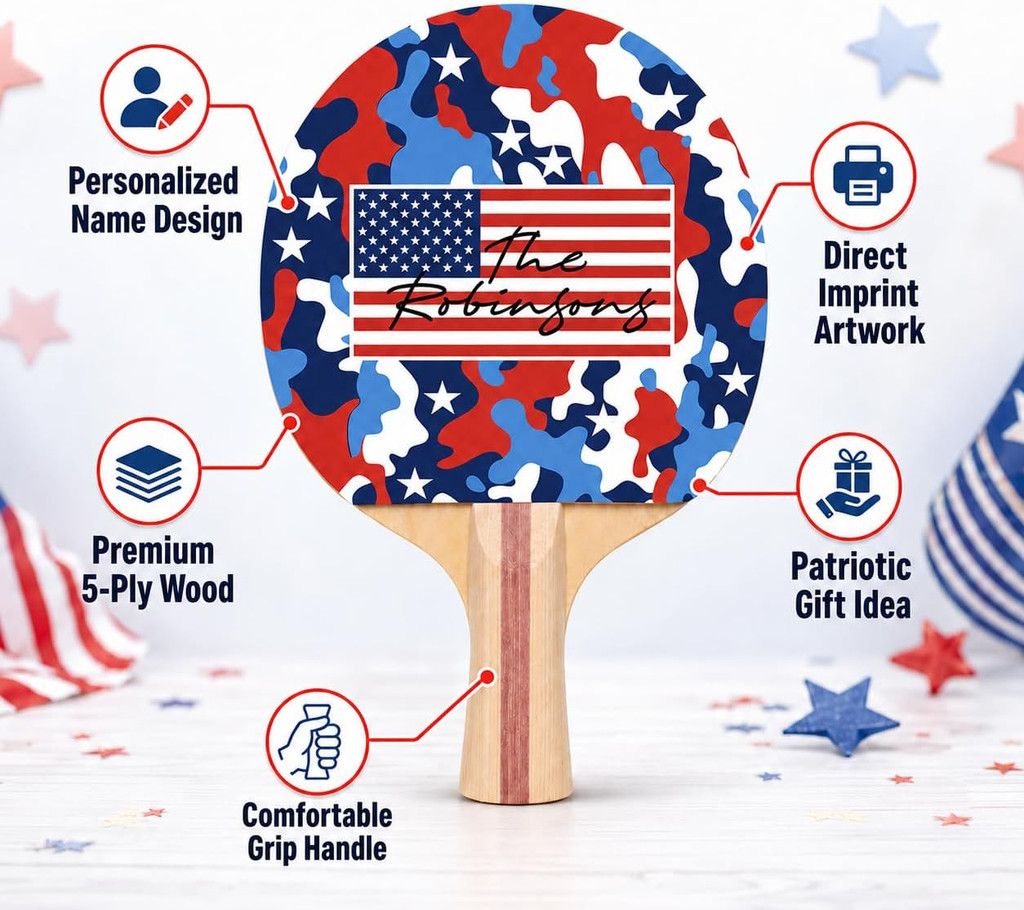 Personalized Name USA Camo Ping Pong Paddle, America 250 Anniversary Table Tennis Racket