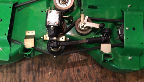 Dolly fits decks with these rear mounts. Rear mounts approx. 18" center to center apart.