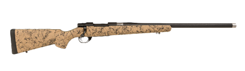 HOWA 6.5PRC CARBON FIBRE WRAPPED VARMINT BLUED THREADED IN H.S PRECISION TAN / BLACK WEBBING STOCK - PACKAGE 