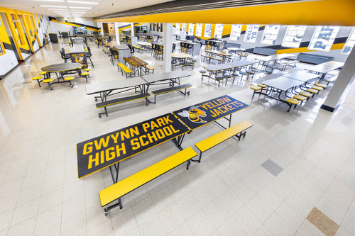 Environmental of Rectangle Mobile Bench Cafeteria Table - AmTab 
**Props Not Included**