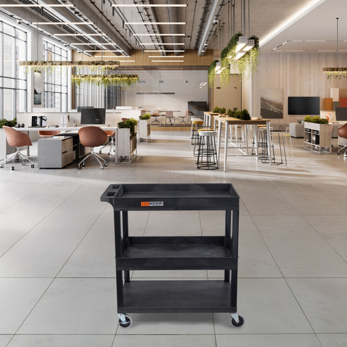 Luxor EC112HD-B TUFFY™ XL Three-Shelf Multi-Purpose Heavy Duty Utility Cart with Two Deep Tubs and One Flat Shelf, 32" x 18"