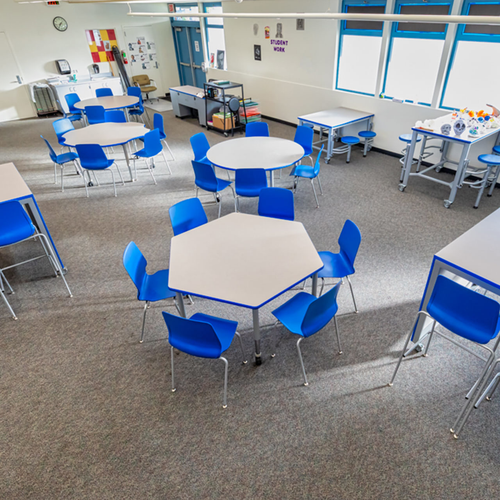 Classroom Environmental of Hexagon Activity Table with Dry Erase Top - AmTab WAHX60D
**Props Not Included**