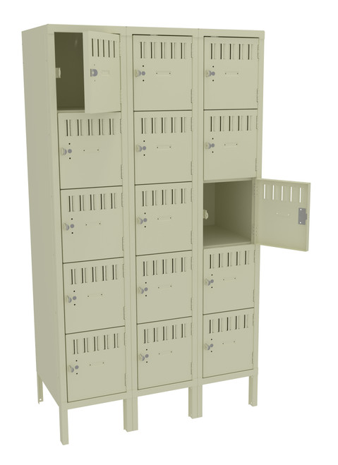 Tennsco BS5-121812-3 Assembled Steel 5 Tier Box Lockers 3 Wide with Legs 36 x 18 x 66 Tennsco BS5-121812-3 Assembled Steel 5 Tier Box Lockers 3 Wide with Legs 36 x 18 x 66