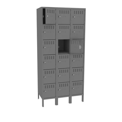 Tennsco BS6-121812-3 Assembled Steel 6 Tier Box Lockers 3 Wide with Legs 36 x 18 x 78 Tennsco BS6-121812-3 Assembled Steel 6 Tier Box Lockers 3 Wide with Legs 36 x 18 x 78