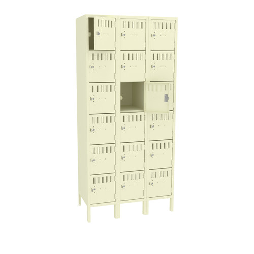 Tennsco BS6-121812-3 Assembled Steel 6 Tier Box Lockers 3 Wide with Legs 36 x 18 x 78 Tennsco BS6-121812-3 Assembled Steel 6 Tier Box Lockers 3 Wide with Legs 36 x 18 x 78