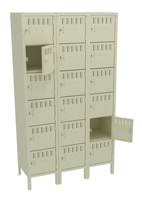 Tennsco BS6-151812-3 Assembled Steel 6 Tier Box Lockers 3 Wide with Legs 45 x 18 x 78 Tennsco BS6-151812-3 Assembled Steel 6 Tier Box Lockers 3 Wide with Legs 45 x 18 x 78