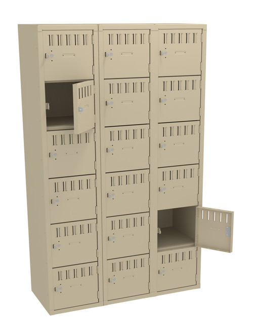 Tennsco BS6-151812-C Assembled Steel 6 Tier Box Lockers 3 Wide without Legs 45 x 18 x 72 Tennsco BS6-151812-C Assembled Steel 6 Tier Box Lockers 3 Wide without Legs 45 x 18 x 72