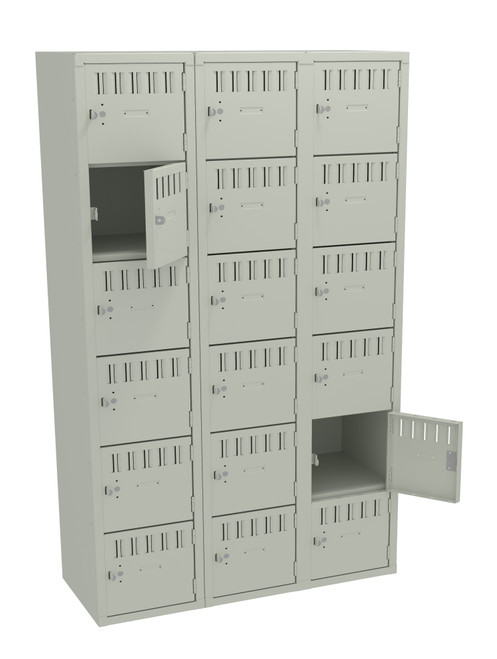Tennsco BS6-151812-C Assembled Steel 6 Tier Box Lockers 3 Wide without Legs 45 x 18 x 72 Tennsco BS6-151812-C Assembled Steel 6 Tier Box Lockers 3 Wide without Legs 45 x 18 x 72