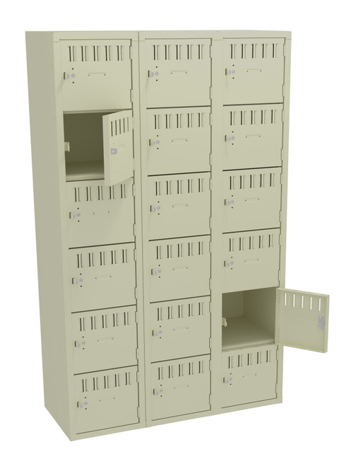 Tennsco BS6-151812-C Assembled Steel 6 Tier Box Lockers 3 Wide without Legs 45 x 18 x 72 Tennsco BS6-151812-C Assembled Steel 6 Tier Box Lockers 3 Wide without Legs 45 x 18 x 72