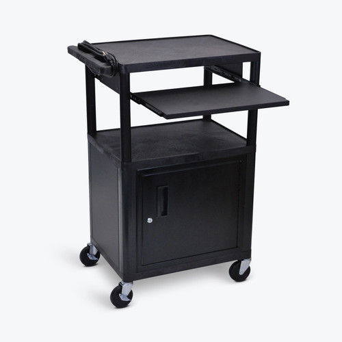 Laptop Computer Cart with 3 Shelves and Cabinet - Luxor LP42CLE-B