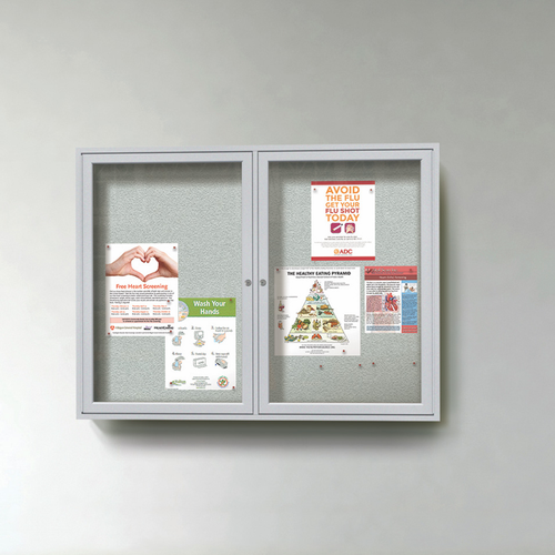 Ghent Indoor-Outdoor Enclosed Vinyl Bulletin Board with Satin Aluminum Headliner Frame - 2 Door / Satin / Silver