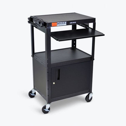 Adjustable Height Steel AV Cart with Cabinet & Pullout Tray - Luxor AVJ42KBC Adjustable Height Steel AV Cart with Cabinet & Pullout Tray - Luxor AVJ42KBC