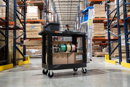 Heavy Duty Industrial Cart One Flat Shelf & One Tub Shelf - Luxor EC21-NDUST-B  Heavy Duty Industrial Cart One Flat Shelf & One Tub Shelf - Luxor EC21-NDUST-B