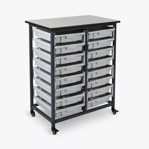 Mobile Bin Storage Unit Double Row with Small Gray Bins - Luxor MBS-DR-16S Mobile Bin Storage Unit Double Row with Small Gray Bins - Luxor MBS-DR-16S