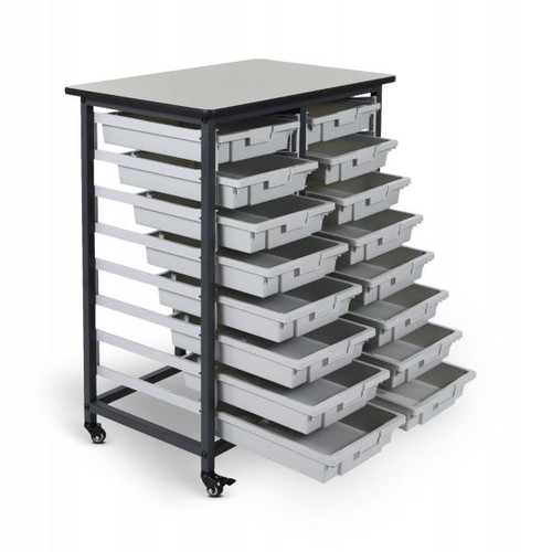 Mobile Bin Storage Unit Double Row with Small Gray Bins - Luxor MBS-DR-16S Mobile Bin Storage Unit Double Row with Small Gray Bins - Luxor MBS-DR-16S
