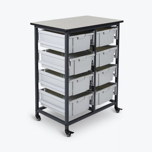 Mobile Bin Storage Unit Double Row with Large Gray Bins - Luxor MBS-DR-8L Mobile Bin Storage Unit Double Row with Large Gray Bins - Luxor MBS-DR-8L