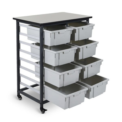 Mobile Bin Storage Unit Double Row with Large Gray Bins - Luxor MBS-DR-8L Mobile Bin Storage Unit Double Row with Large Gray Bins - Luxor MBS-DR-8L