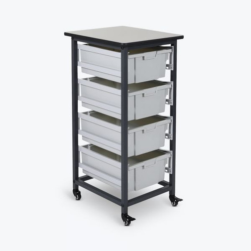 Mobile Bin Storage Unit Single Row with Large Gray Bins - Luxor MBS-SR-4L Mobile Bin Storage Unit Single Row with Large Gray Bins - Luxor MBS-SR-4L