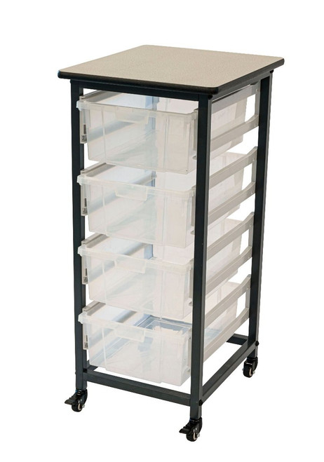 Mobile Bin Storage Unit Single Row with Large Clear Bins - Luxor MBS-SR-4L-CL Mobile Bin Storage Unit Single Row with Large Clear Bins - Luxor MBS-SR-4L-CL