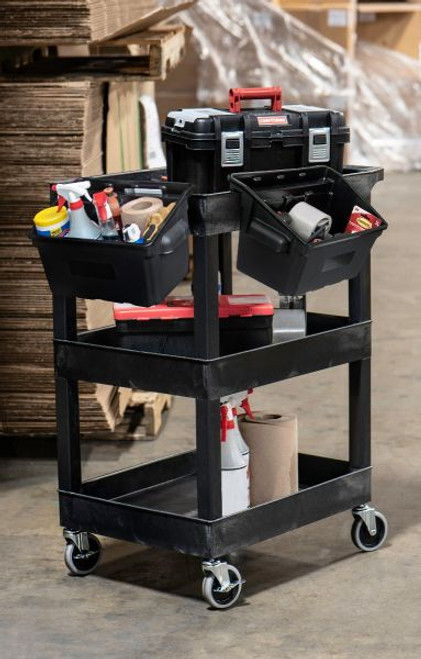 Three Shelf Plastic Utility Tub Cart with Outrigger Utility Cart Bins Three Shelf Plastic Utility Tub Cart with Outrigger Utility Cart Bins