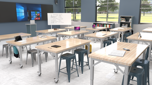 Brainstorm FLEX Workbench with Butcher Block Top and Adjustable Height, shown in high school classroom - CEF Brainstorm FLEX Workbench with Butcher Block Top and Adjustable Height, shown in high school classroom - CEF