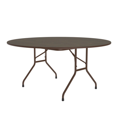 Round Wood Grain High Pressure Laminate Designer Folding Table with Fixed Height, Shown Without Matching Edge Band - Correll Round Wood Grain High Pressure Laminate Designer Folding Table with Fixed Height, Shown Without Matching Edge Band - Correll