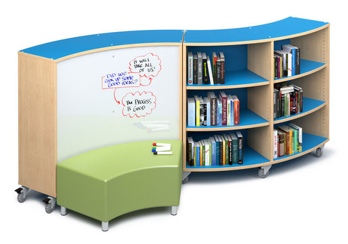 Envision Series Radius Shelving - Russwood optional markerboard backer or curved bench for single sided units only Envision Series Radius Shelving - Russwood optional markerboard backer or curved bench for single sided units only