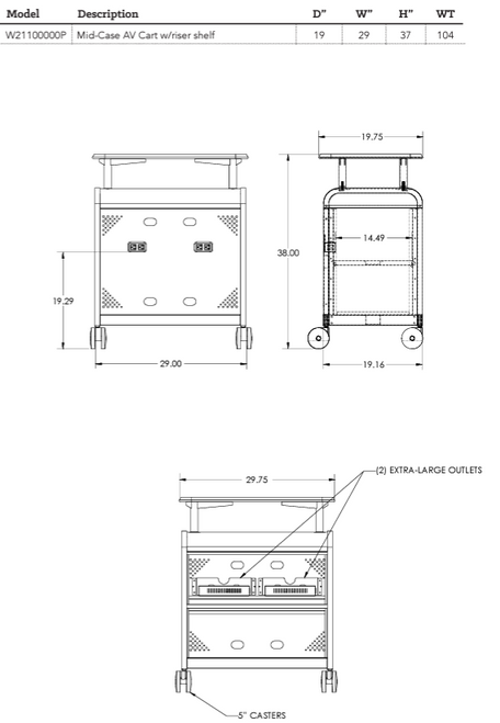 Smith System Cascade Powered AV Mid-Case Mobile Presentation Cart Dimensions