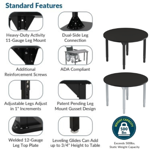 Chem-Res Adjustable Height Heavy Duty Round Activity Table - NPS **Standard Features** Chem-Res Adjustable Height Heavy Duty Round Activity Table - NPS **Standard Features**