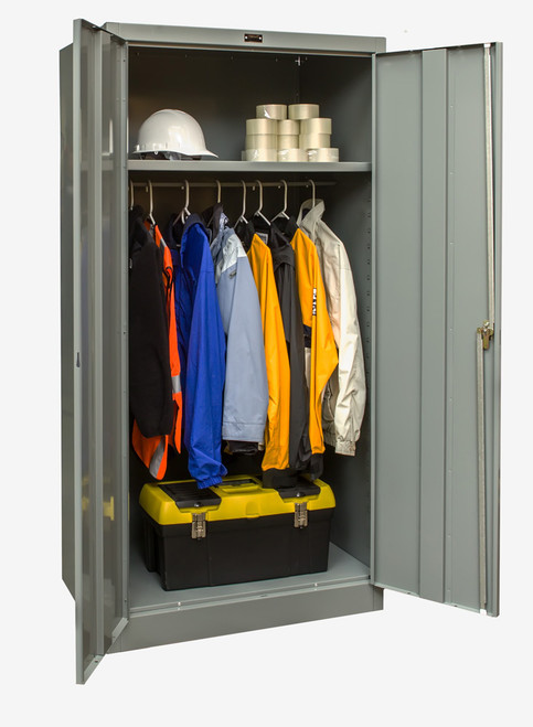 400 Series Solid Door Wardrobe Cabinet Open - Hallowell 
Dark Gray, shown in use