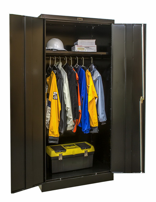 400 Series Solid Door Wardrobe Cabinet Open - Hallowell 
Black, shown in use