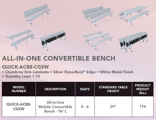 Quick Ship Overview
AmTab QUICK-ACB8-CGSW Quick Ship All In One Mobile Convertible Bench