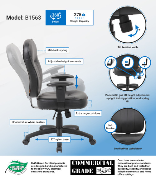 Boss B1563 Black Leather Task Chair w/ Adjustable Arm