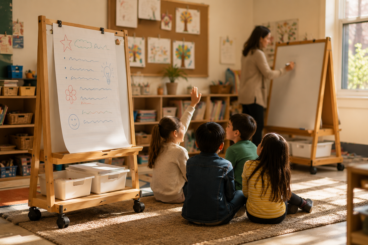Comparison of a classroom chart stand holding anchor charts next to a whiteboard teaching easel used for live writing during a lesson