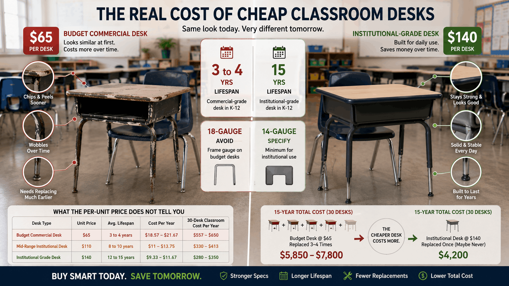 Infographic comparing a $65 budget commercial classroom desk with visible chipping and wobble against a $140 institutional-grade desk over a 15-year lifespan, showing that a 30-desk classroom costs $5,850 to $7,800 with budget desks versus $4,200 with institutional desks
