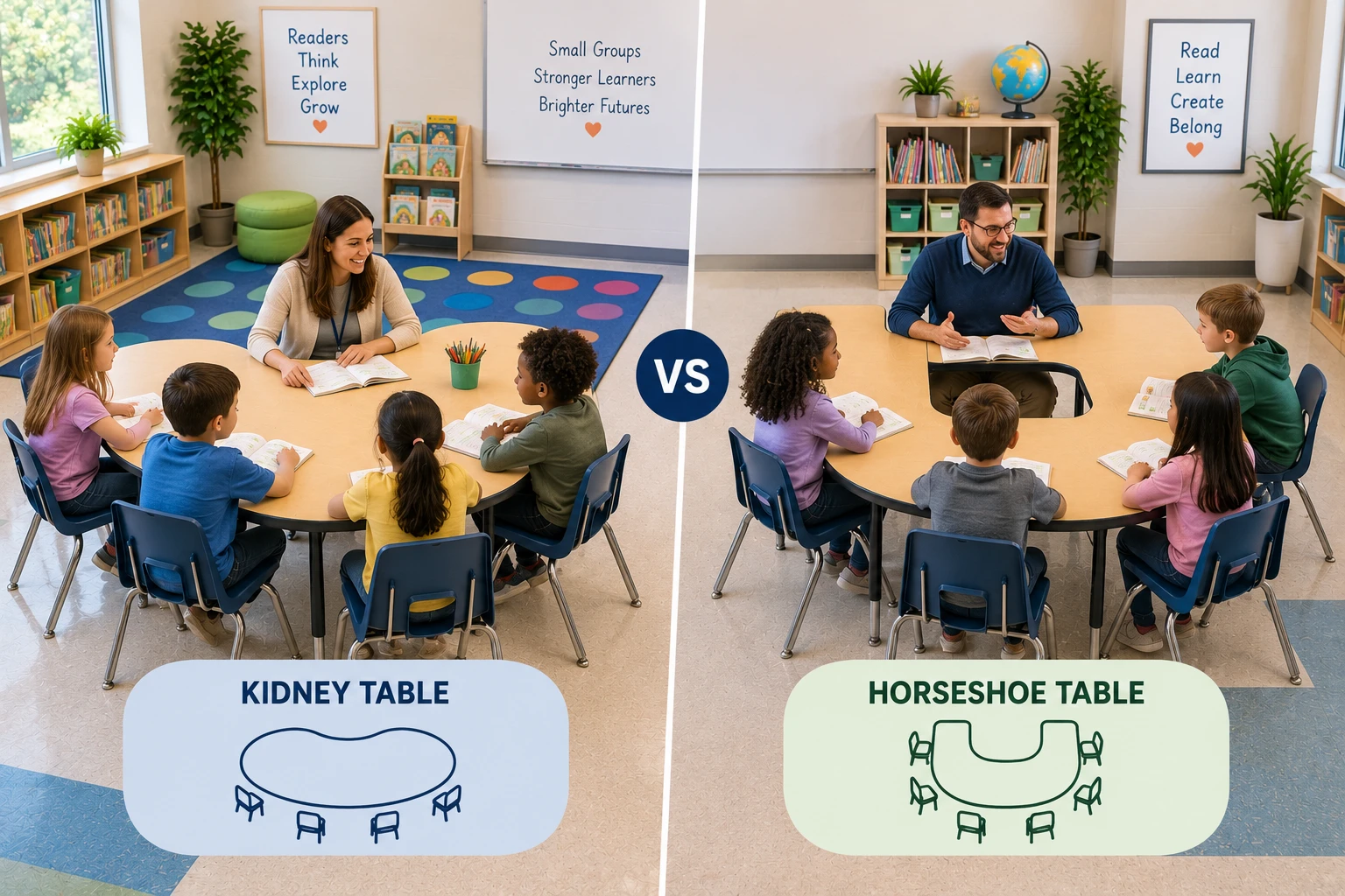 Side-by-side view of a kidney table and a horseshoe table in the same classroom setting, showing the shape difference between the kidney table's single continuous curve and the horseshoe table's U-shape with three flat sides and a teaching cutout.