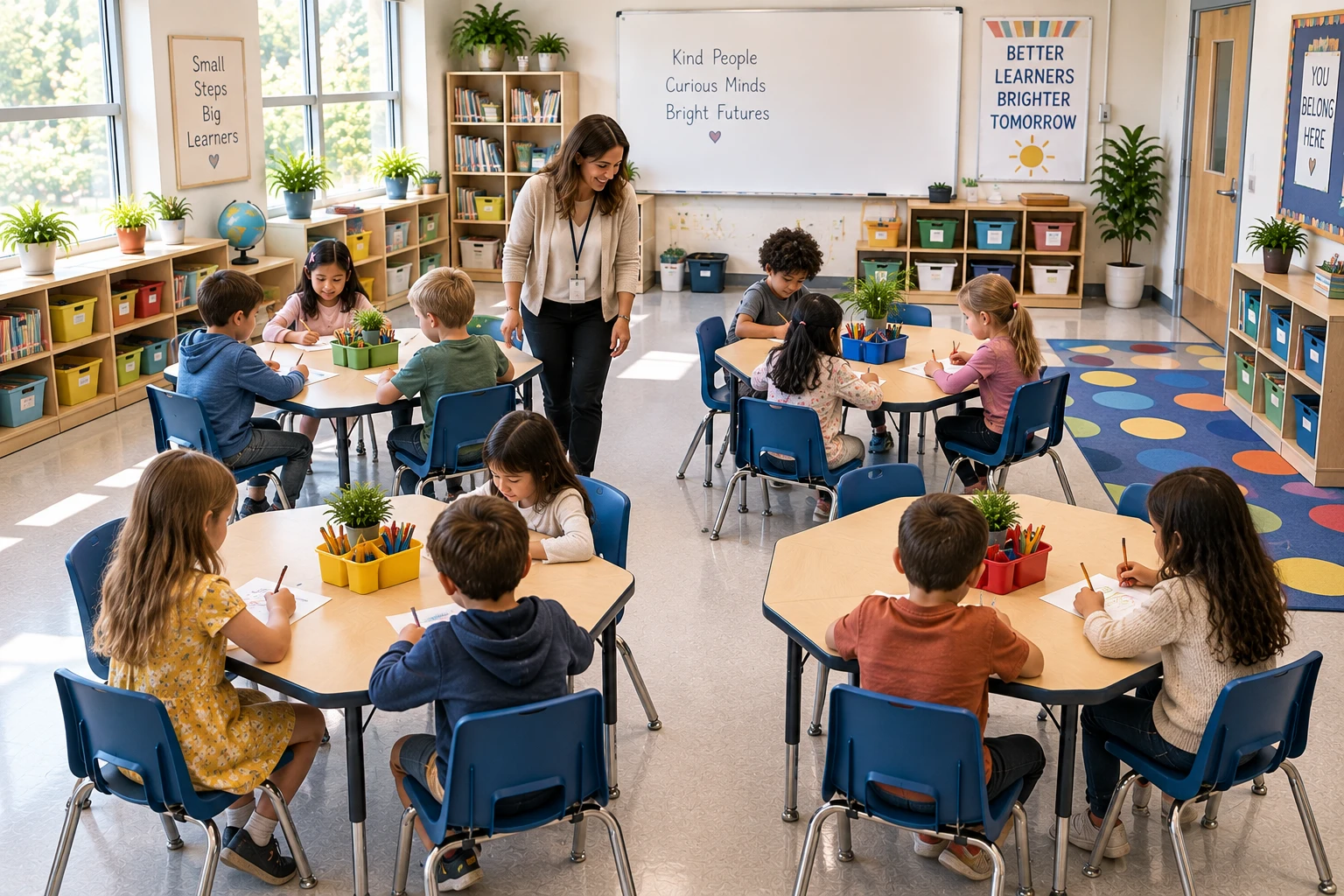 K-12 classroom with a group seating arrangement showing students grouped around hexagonal and trapezoidal activity tables in pod configurations, teacher circulating between pods, illustrating collaborative pod and cluster seating for project-based and small-group learning.