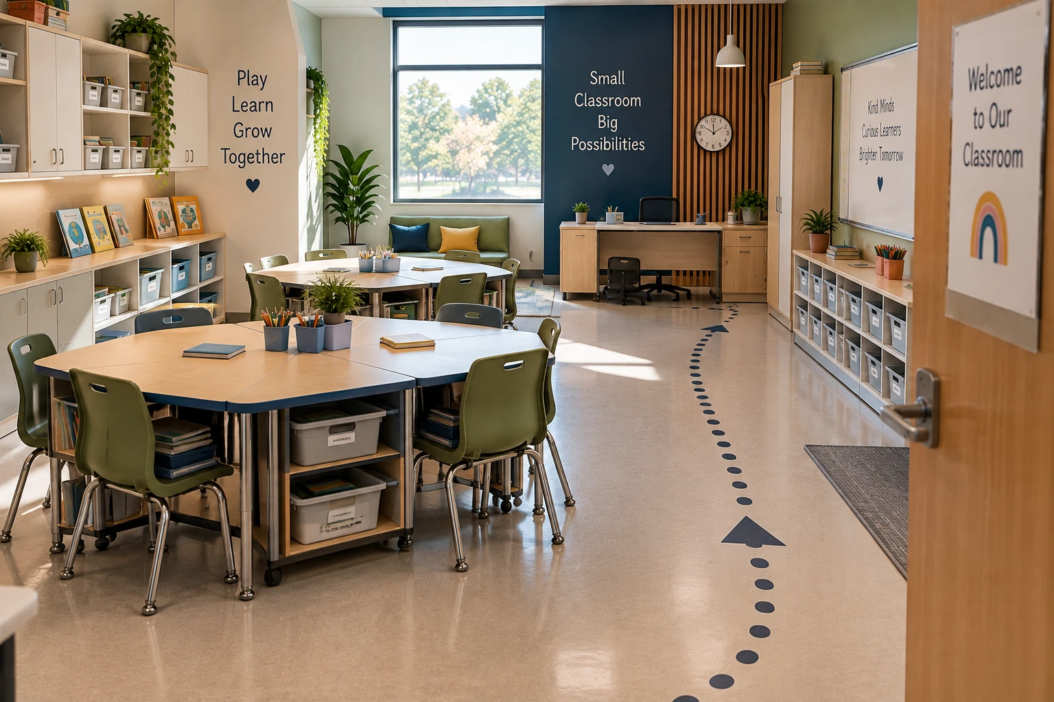 Small K-12 classroom under 500 square feet arranged with compact furniture, wall-mounted storage, and a clear circulation path from the door, illustrating how to arrange a small classroom without losing floor space.