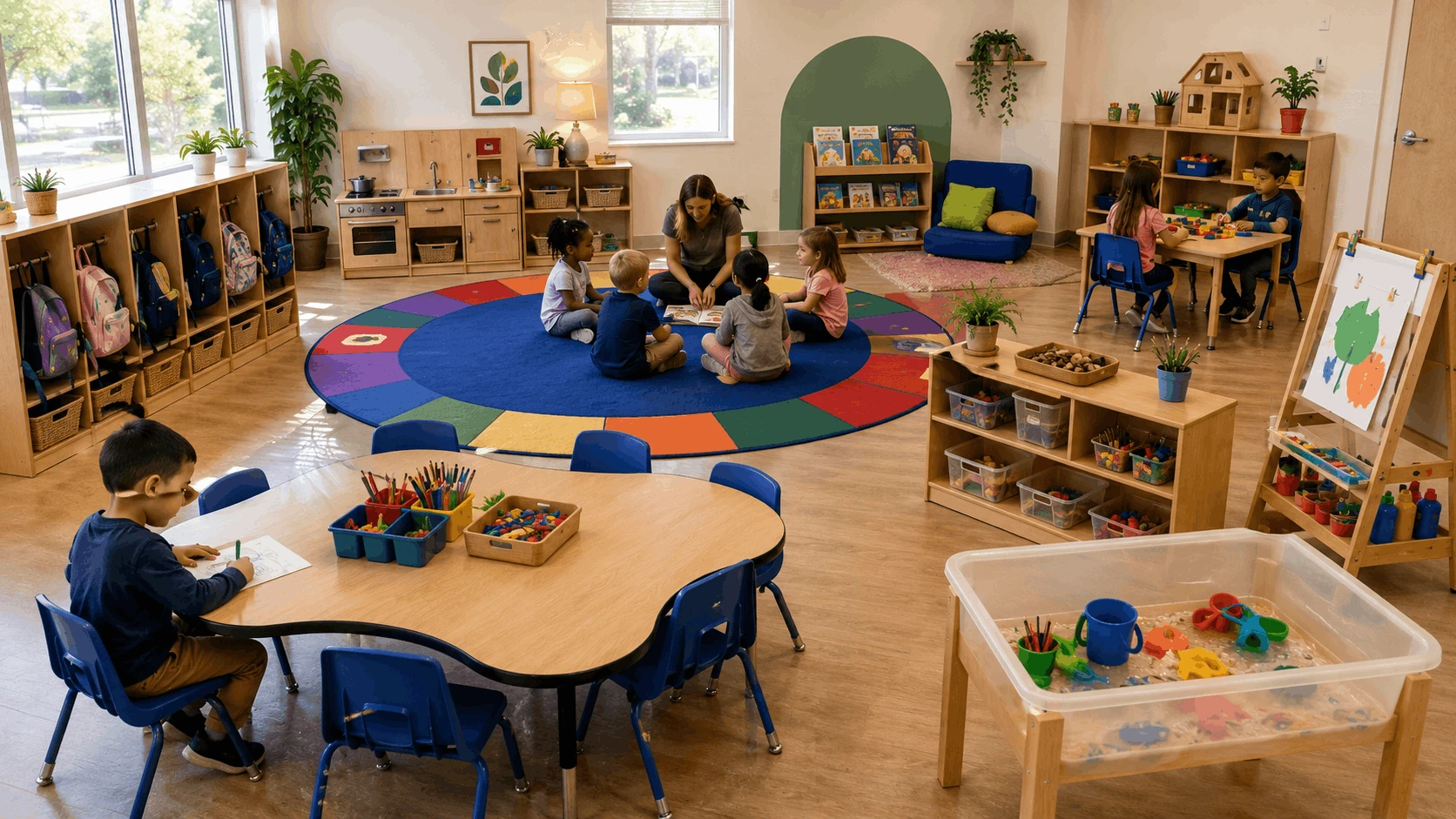 How to furnish a preschool classroom with a circle-time rug, child-sized activity tables, low storage cubbies, and five learning zones for young children.