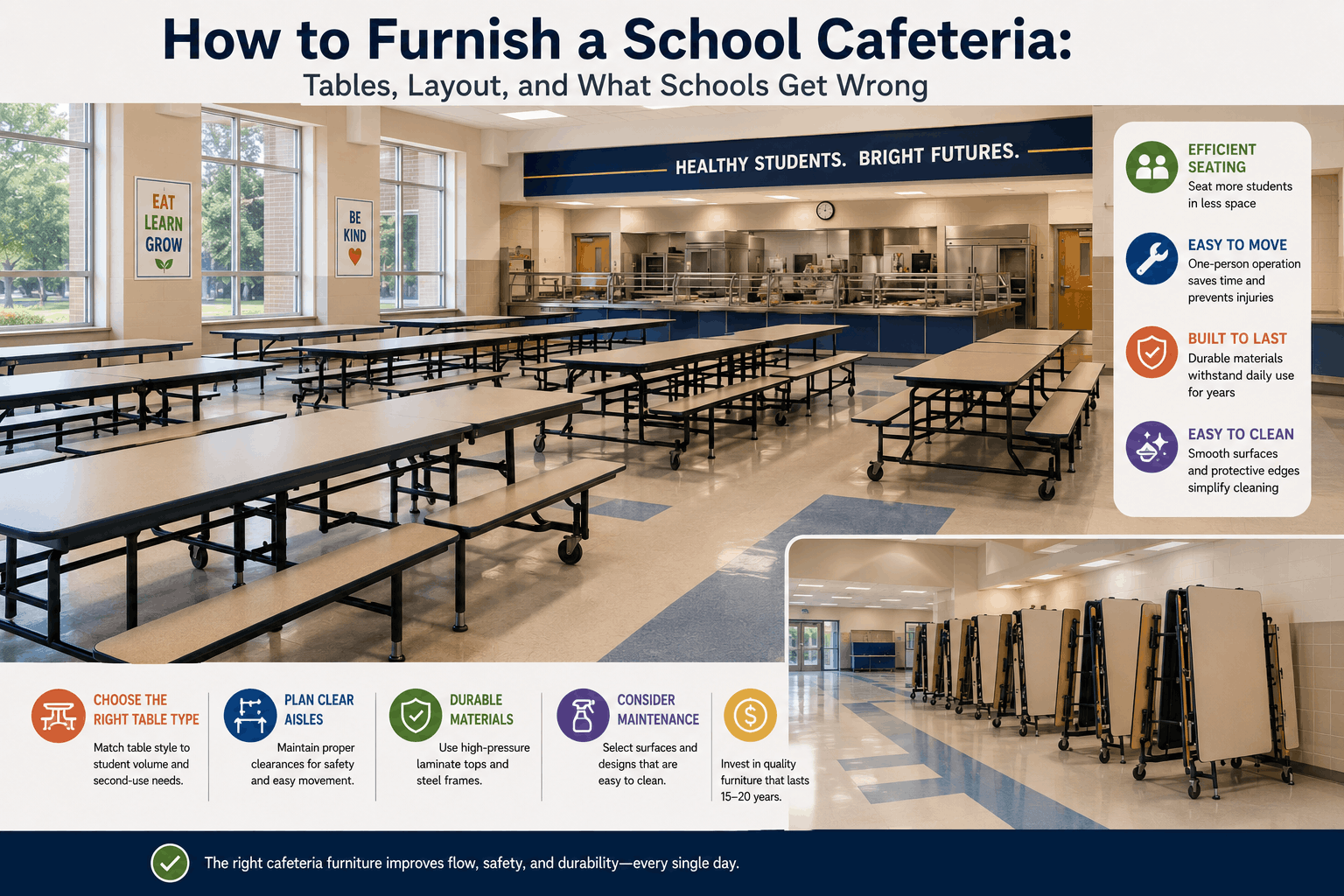 Modern K-12 school cafeteria with mobile bench tables, wide aisles, and an efficient layout demonstrating how to furnish a school cafeteria.