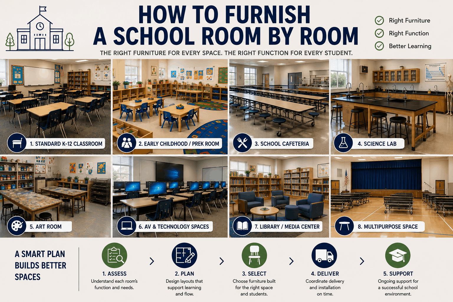 Room-by-room guide to furnishing K-12 classrooms and school spaces, including standard classrooms, PreK rooms, cafeterias, science labs, art rooms, technology labs, libraries, and multipurpose spaces.
