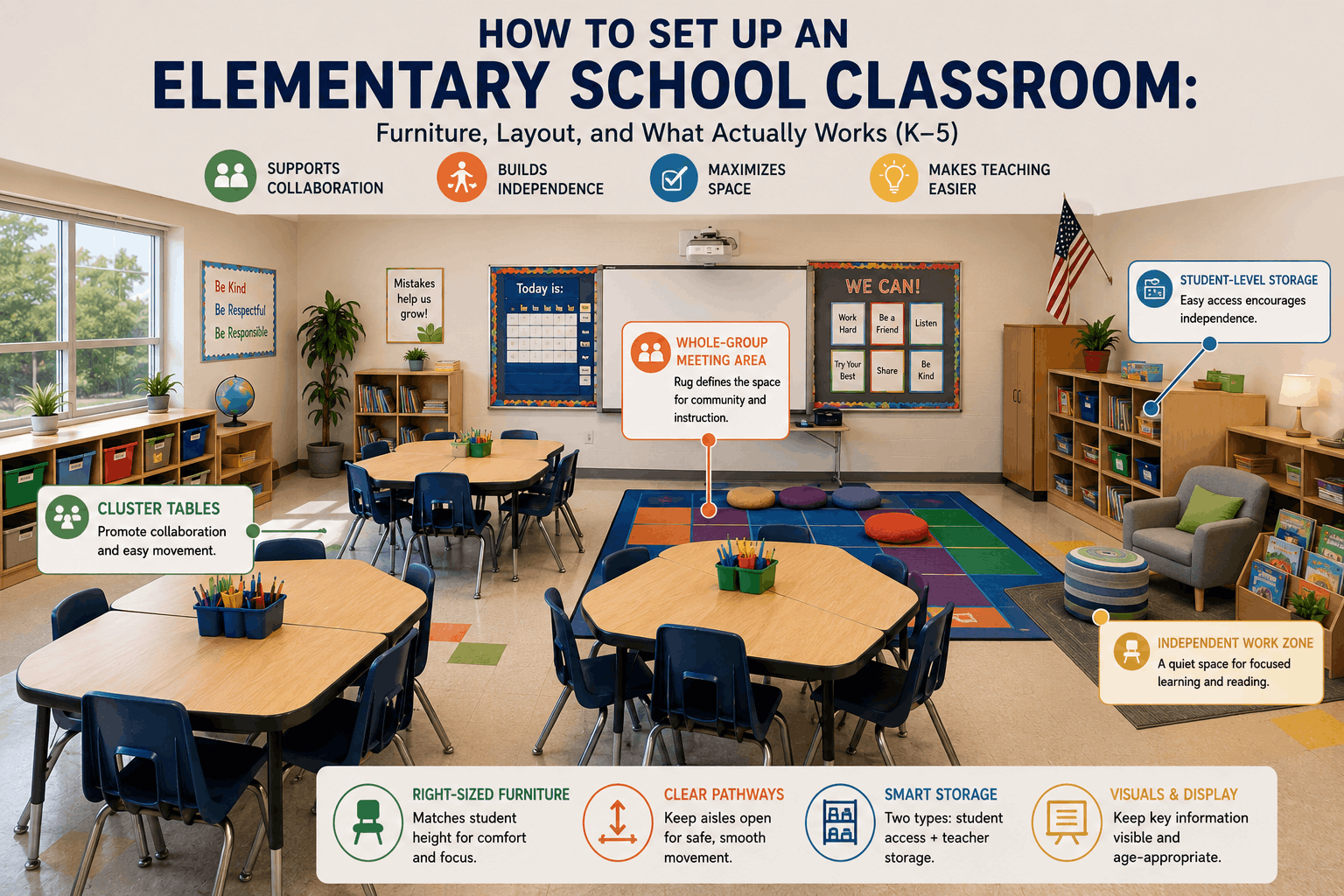 Elementary school classroom with collaborative table clusters, a whole-group rug, student storage, and an independent learning area demonstrating how to set up an elementary school classroom.