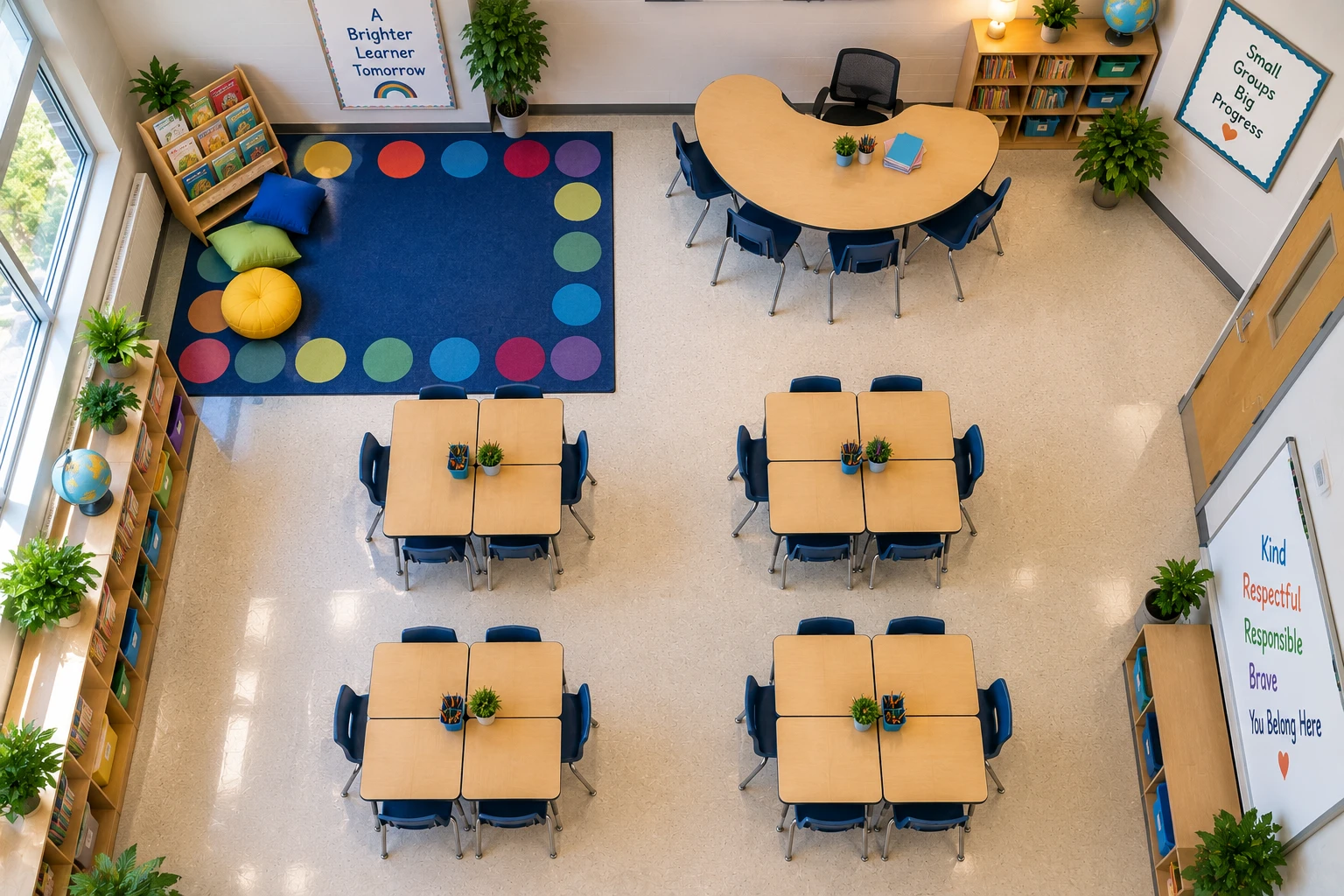 Overhead view of a small elementary classroom with a kidney table placed against the back wall next to a reading rug, student desks arranged in the center, and clear walking paths marked between all three zones.